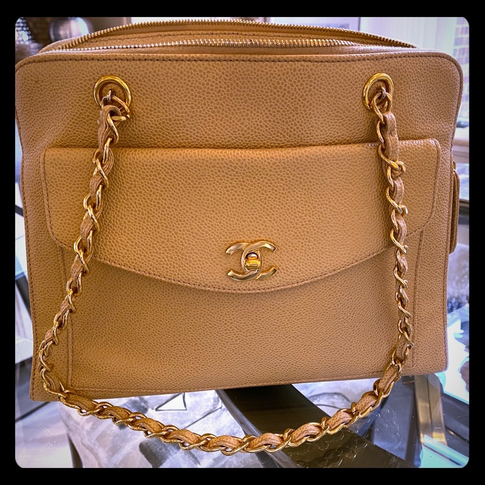 CHANEL Tan Satchel with Gold Accents